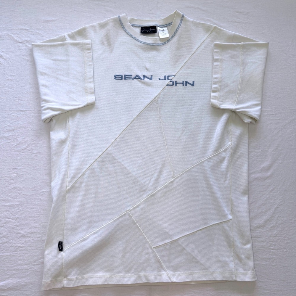 Sean John T-Shirt Mens XL White Excellent Vintage Y2K Paneled Ribbed Tee